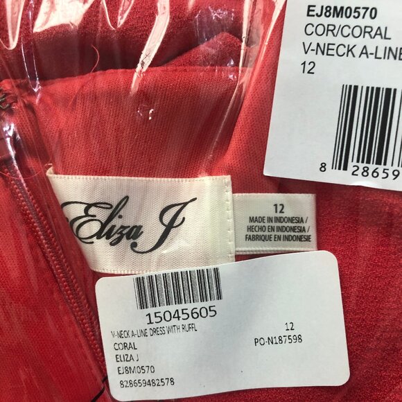 Eliza J, V-Neck Ruffle Hem Dress, Coral, Size 12 NWT - Picture 3 of 6